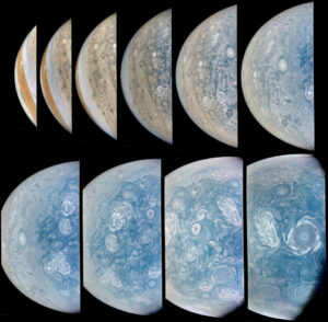 A mosaic of images of Jupiter showing atmospheric details of the planet in highlighted colors and enhanced contrast. The images depict a variety of cloud structures, vortices and storms, showing the dynamic nature of the gas giant's atmosphere.